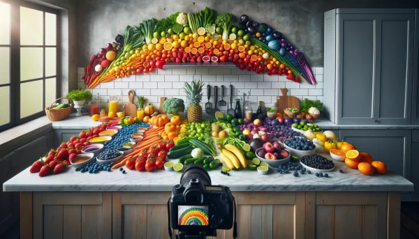 DALL·E 03 20 12.59.45 Capture A Wide Angle Shot Of A Rainbow Of Produce Arranged On A Kitchen Counter Creating A Vibrant And Visually Appealing Display. The Setup Includes
