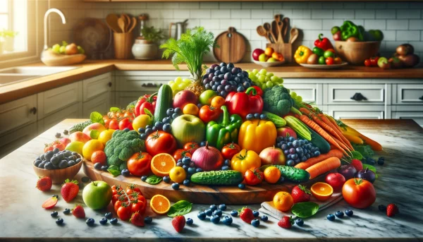 DALL·E 03 20 13.04.30 A Beautiful Array Of Brightly Colored Fruits And Vegetables Arranged On A Wooden Cutting Board On A Kitchen Counter In A 16 9 Aspect Ratio. The Sprea