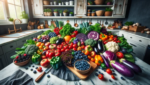 DALL·E 03 20 13.09.25 A Wide Angle Image Showcasing A Large Assortment Of Deeply Colored Produce In A Kitchen Setting Perfect For A Health Blog Article. The Scene Includes